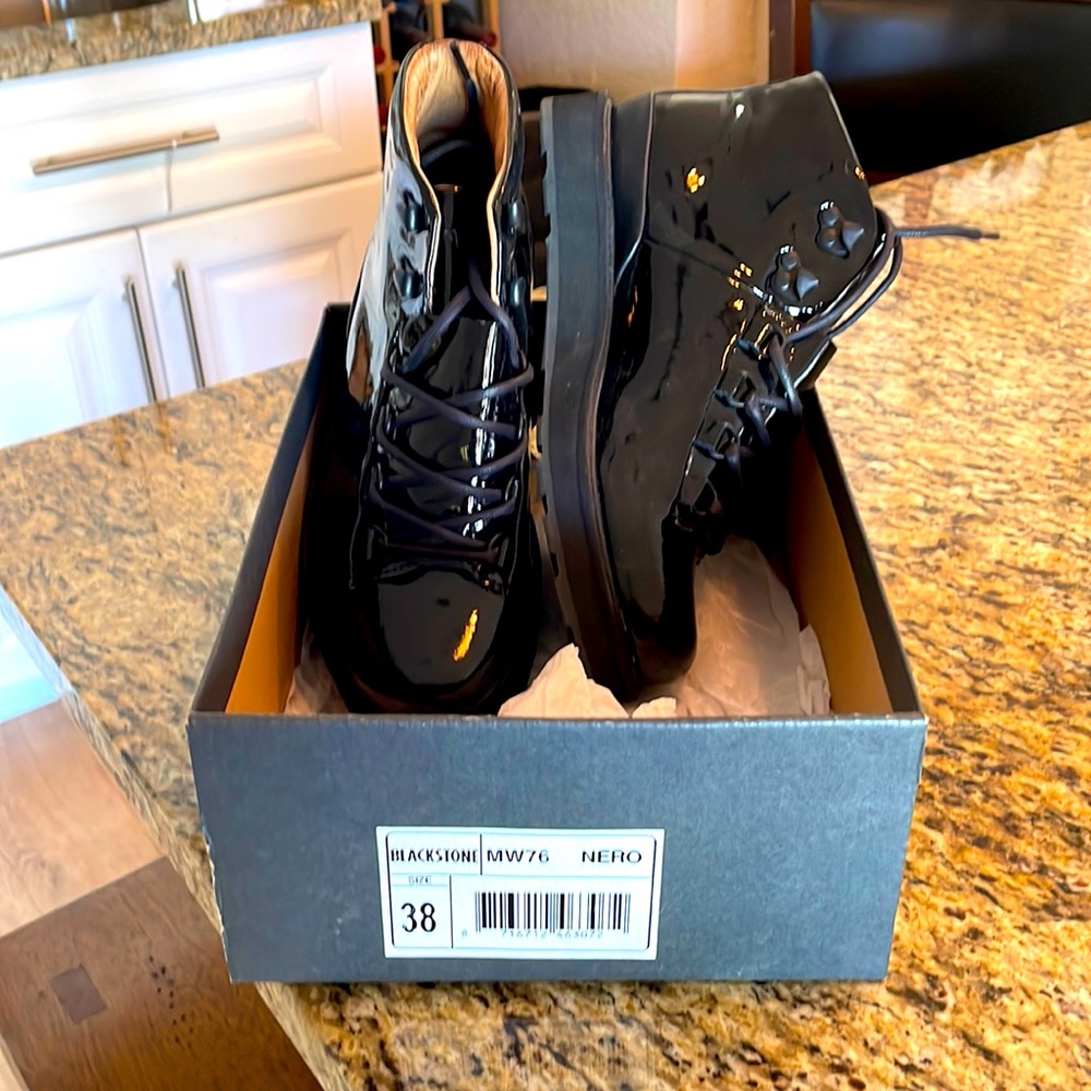 BRAND NEW NEVER WORN PATENT LEATHER BOOTIE. ORIGINAL BOX.